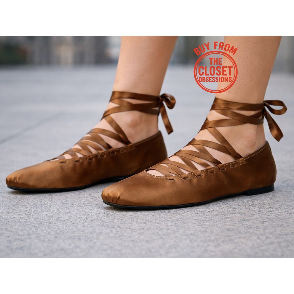Zara NWT Ochre Brown Lace Up Satin Ballet Flats 7.5 - Picture 4 of 16